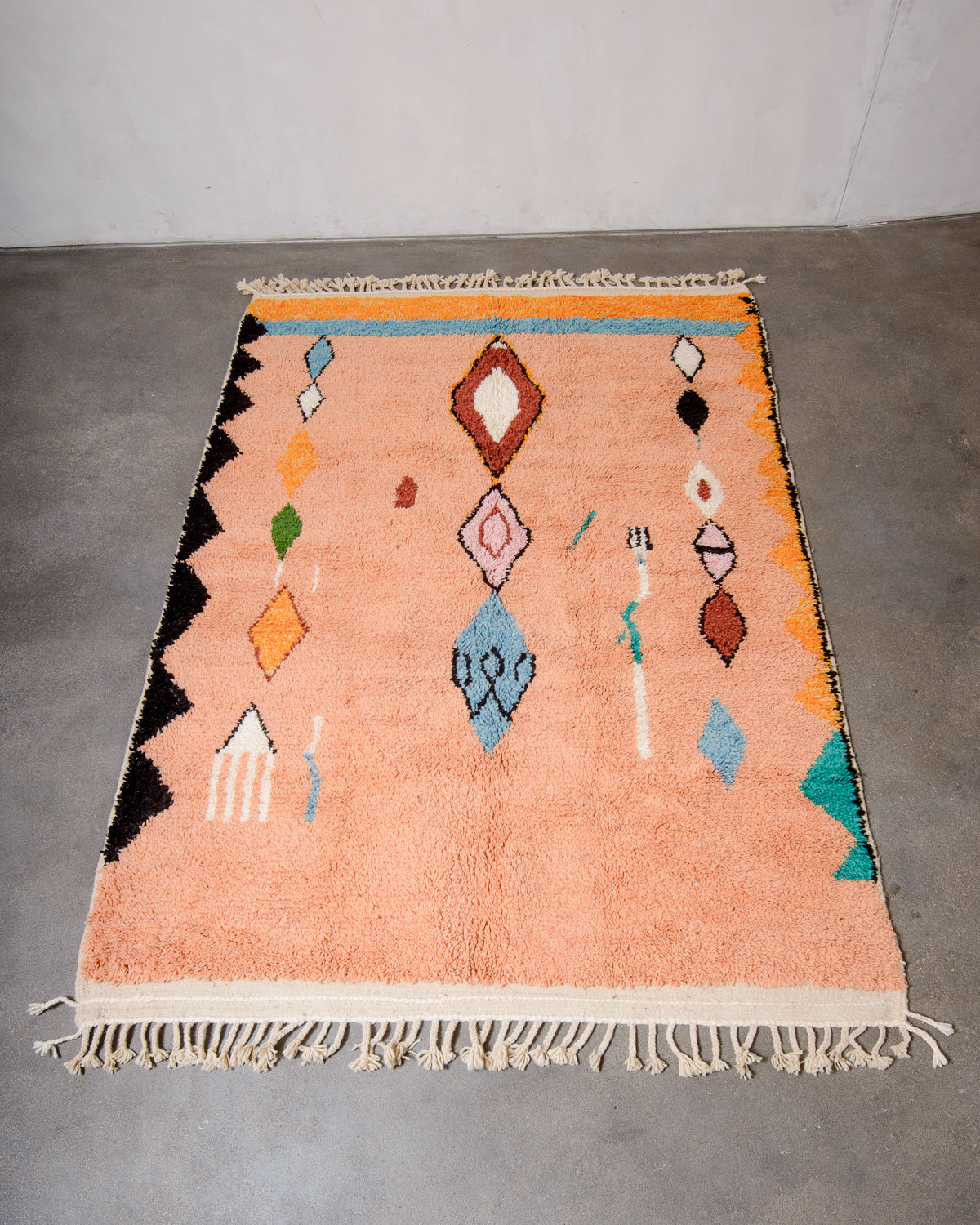 Modern, designer, handcrafted Berber rug from Morocco. Beniourain carpet with beautiful colours and patterns and fluffy wool texture.